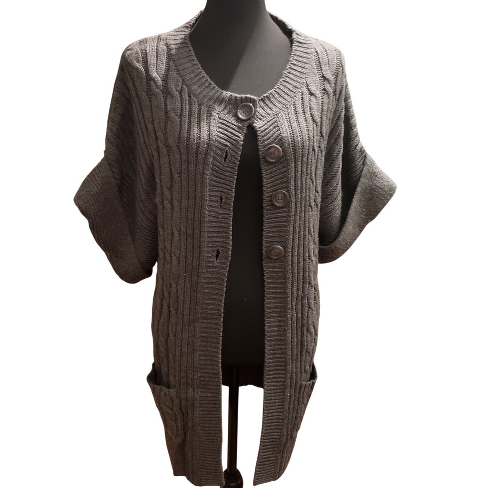 Chunky Knit Open Front Cardigan Sweater Gray‎ Cable Knit Short Sleeve Pockets